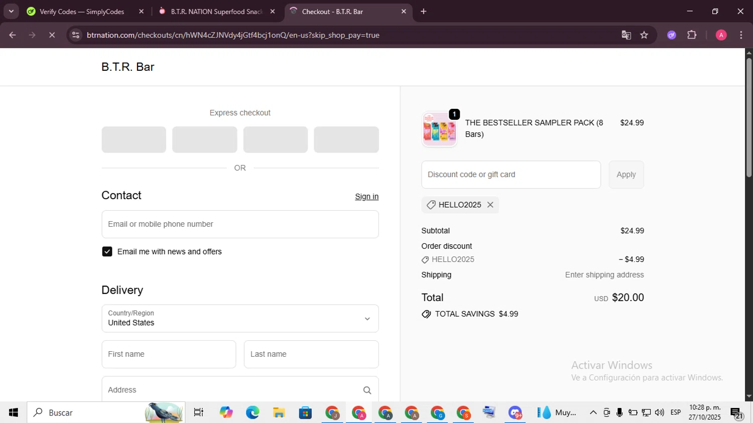 B.T.R. Bar promo code screenshot showing code hello2025 applied at B.T.R. Bar checkout page. Uploaded by SimplyCodes community member SaleScholar6713 on Oct 28, 2025