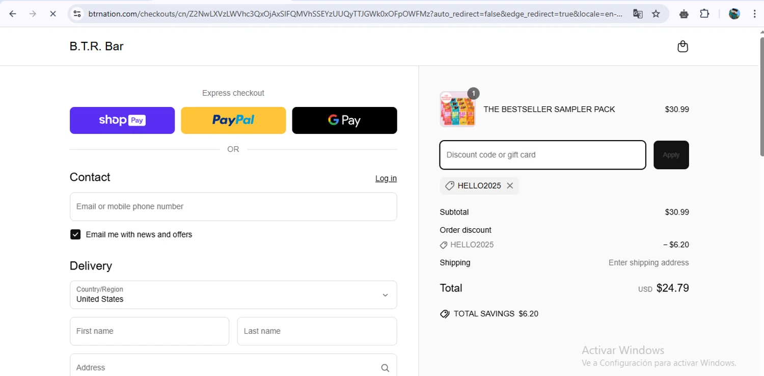 B.T.R. Bar promo code screenshot showing code hello2025 applied at B.T.R. Bar checkout page. Uploaded by SimplyCodes community member RoyalHunter7203 on Mar 31, 2025