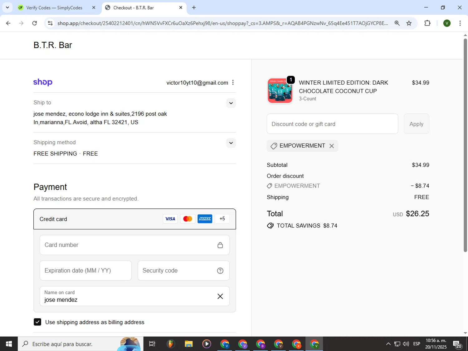B.T.R. Bar promo code screenshot showing code EMPOWERMENT applied at B.T.R. Bar checkout page. Uploaded by SimplyCodes community member PrimeWizard4168 on Nov 20, 2025