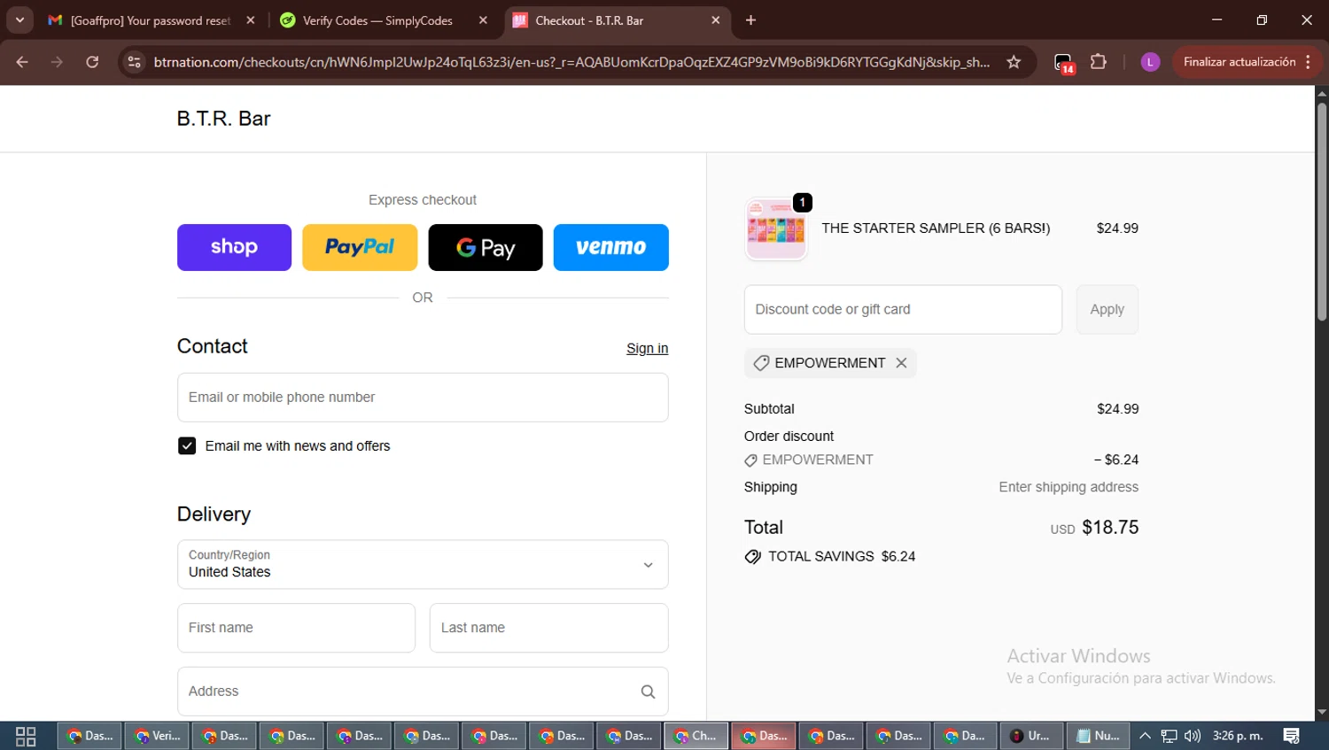 B.T.R. Bar promo code screenshot showing code EMPOWERMENT applied at B.T.R. Bar checkout page. Uploaded by SimplyCodes community member RewardScout5160 on Dec 11, 2025