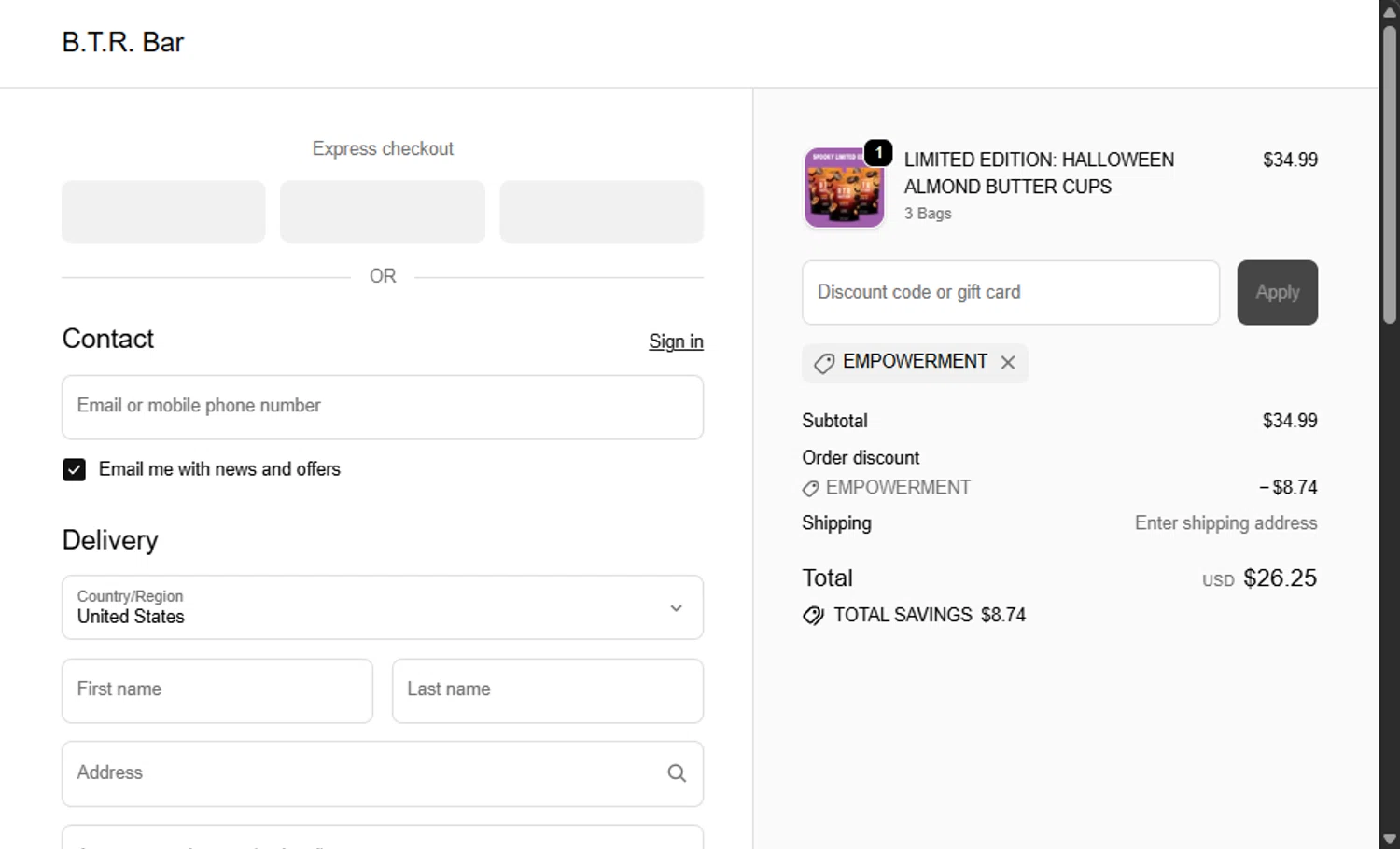 B.T.R. Bar promo code screenshot showing code EMPOWERMENT applied at B.T.R. Bar checkout page. Uploaded by SimplyCodes community member Santi_ago on Oct 19, 2025