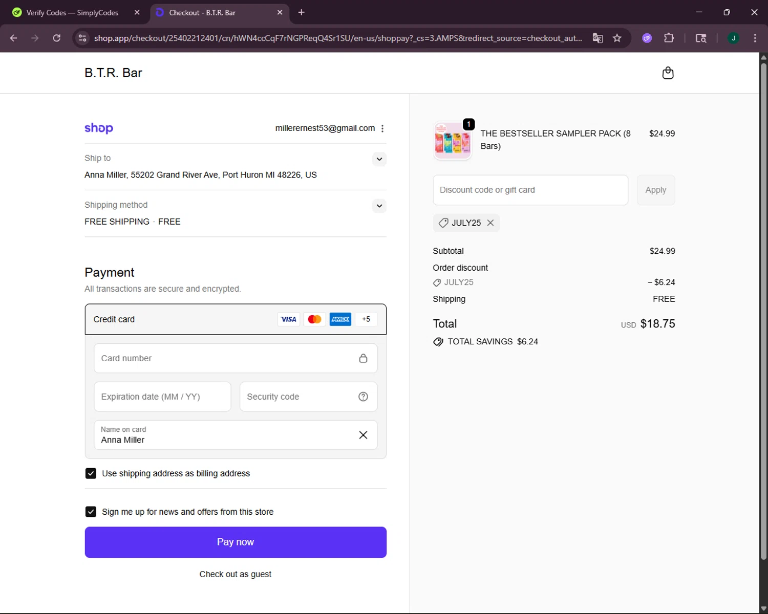 B.T.R. Bar promo code screenshot showing code JULY25 applied at B.T.R. Bar checkout page. Uploaded by SimplyCodes community member VictoriousOwl2774 on Oct 28, 2025