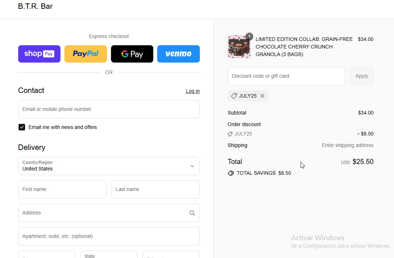 B.T.R. Bar promo code screenshot showing code JULY25 applied at B.T.R. Bar checkout page. Uploaded by SimplyCodes community member ligthYA on Aug 23, 2025
