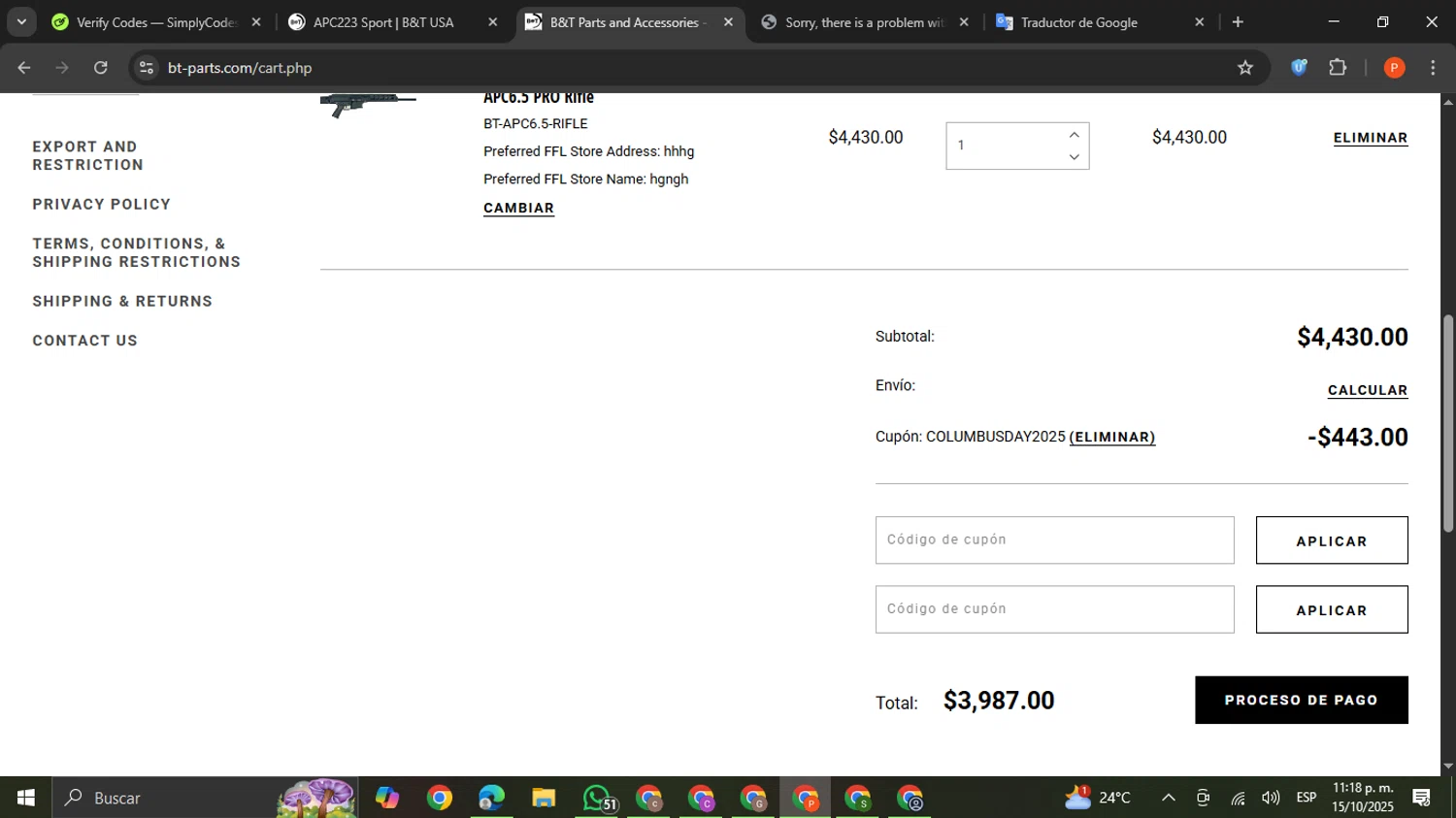 B&T USA checkout page showing B&T USA promo code box | Screenshot taken by SimplyCodes community member on Oct 16, 2025