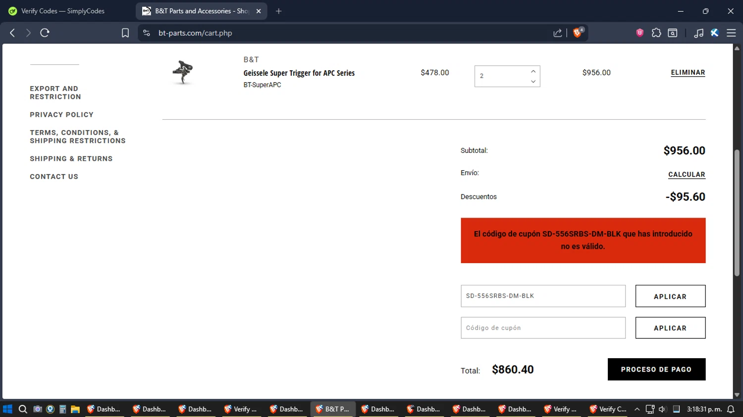 B&T USA promo code screenshot showing code SD-556SRBS-DM-BLK applied at B&T USA checkout page. Uploaded by SimplyCodes community member TreasureExpert3303 on Dec 29, 2025