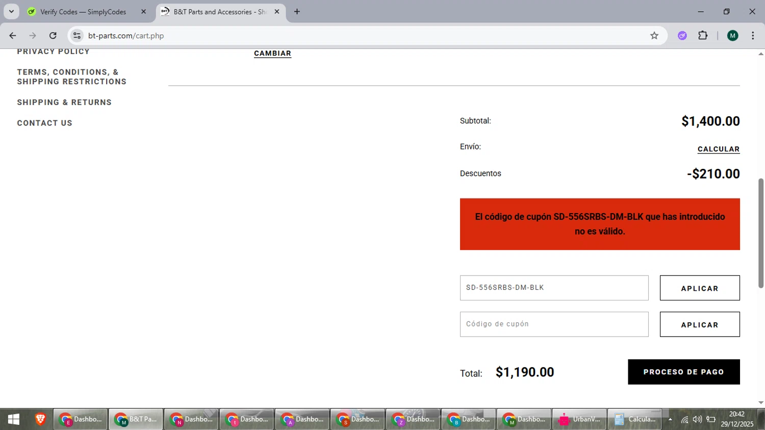 B&T USA promo code screenshot showing code SD-556SRBS-DM-BLK applied at B&T USA checkout page. Uploaded by SimplyCodes community member suieeloves on Dec 30, 2025