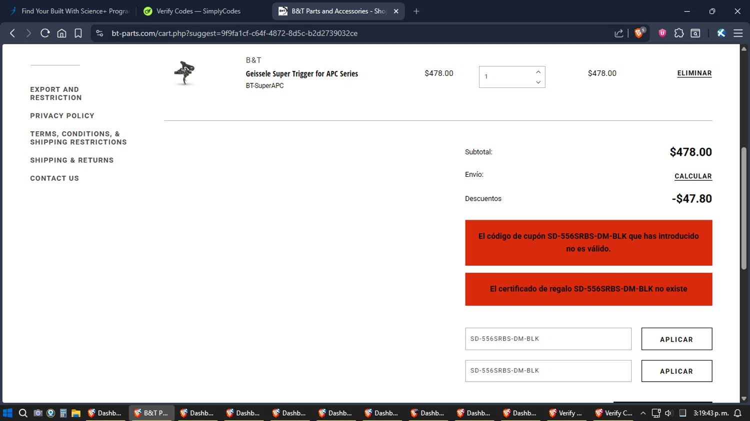 B&T USA promo code screenshot showing code SD-556SRBS-DM-BLK applied at B&T USA checkout page. Uploaded by SimplyCodes community member verifier_983798000 on Dec 29, 2025