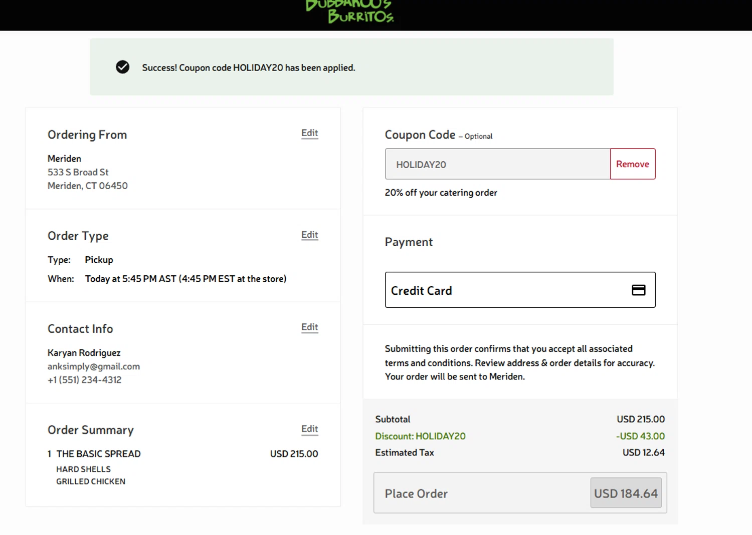 Bubbakoos Burritos promo code screenshot showing code HOLIDAY20 applied at Bubbakoos Burritos checkout page. Uploaded by SimplyCodes community member ______________________________ on Dec 28, 2025