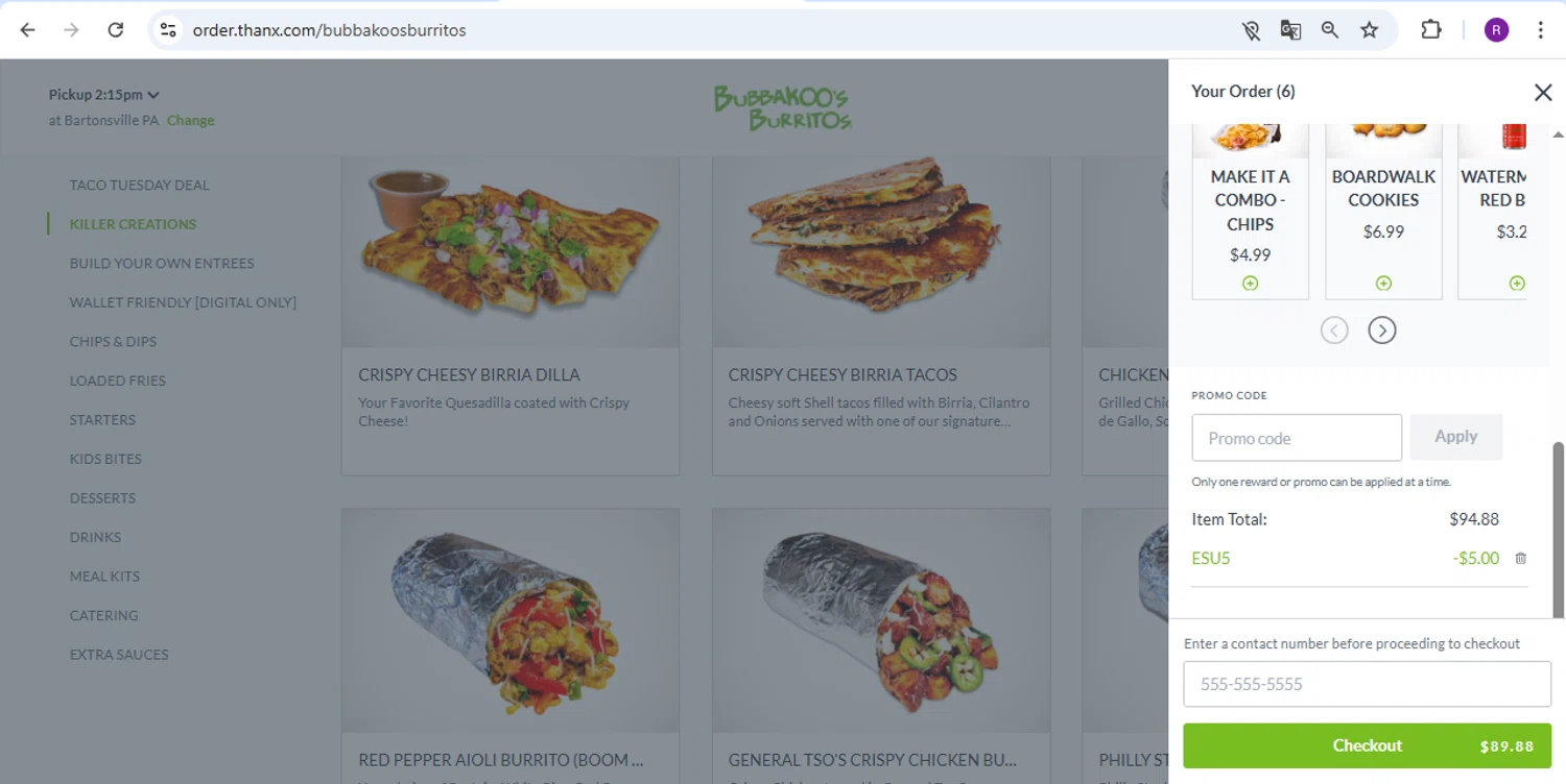 Bubbakoos Burritos promo code screenshot showing code ESU5 applied at Bubbakoos Burritos checkout page. Uploaded by SimplyCodes community member rapc3030 on Jun 3, 2025