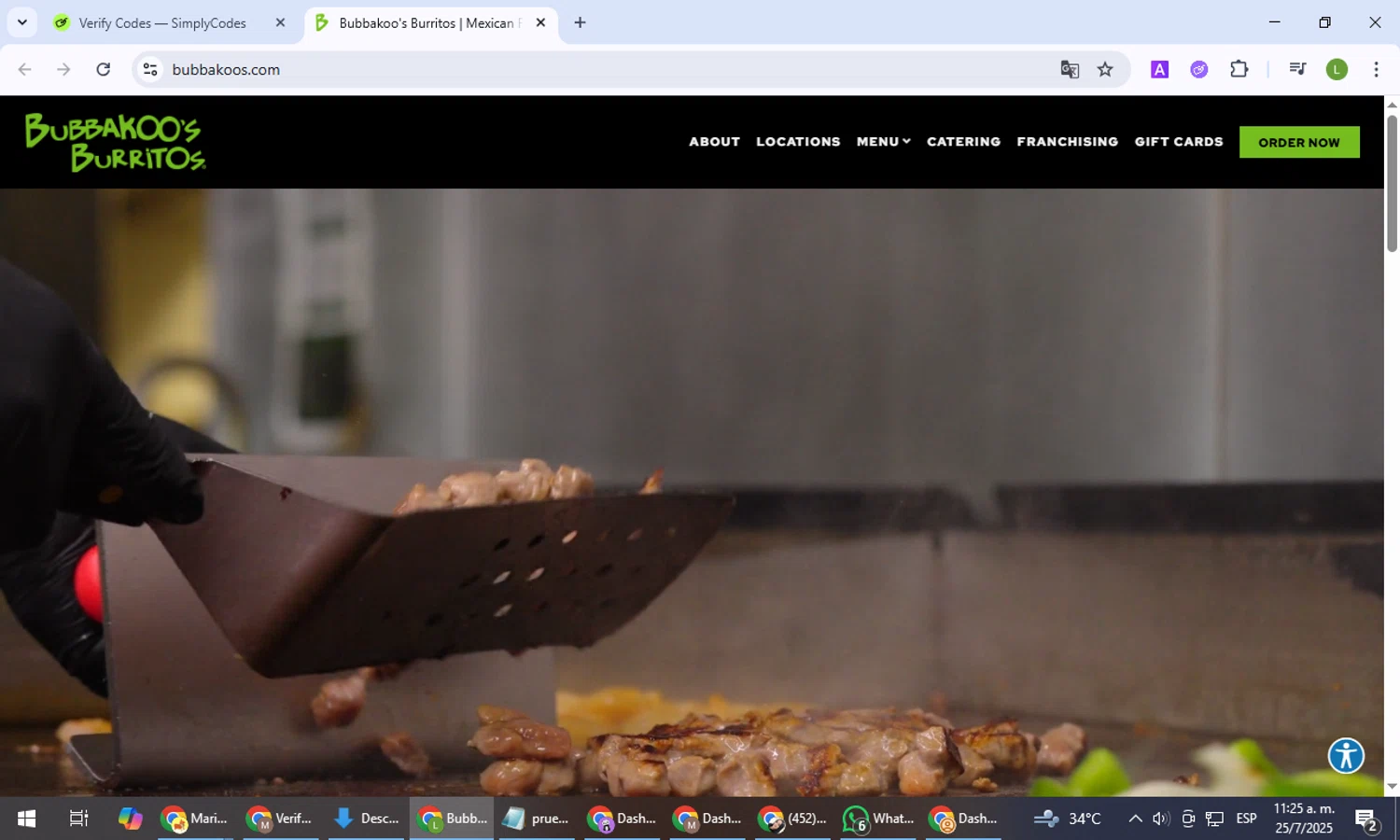 Bubbakoos Burritos promo code screenshot showing code SUMMER10 applied at Bubbakoos Burritos checkout page. Uploaded by SimplyCodes community member BargainEagle9039 on Jul 25, 2025