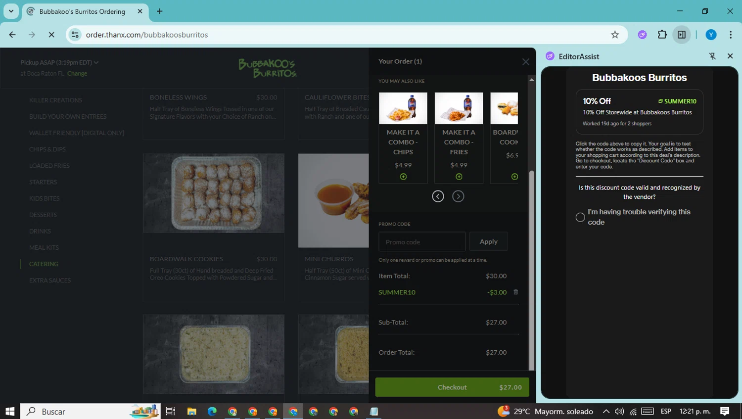 Bubbakoos Burritos promo code screenshot showing code SUMMER10 applied at Bubbakoos Burritos checkout page. Uploaded by SimplyCodes community member CodeWarden5915 on Jul 25, 2025