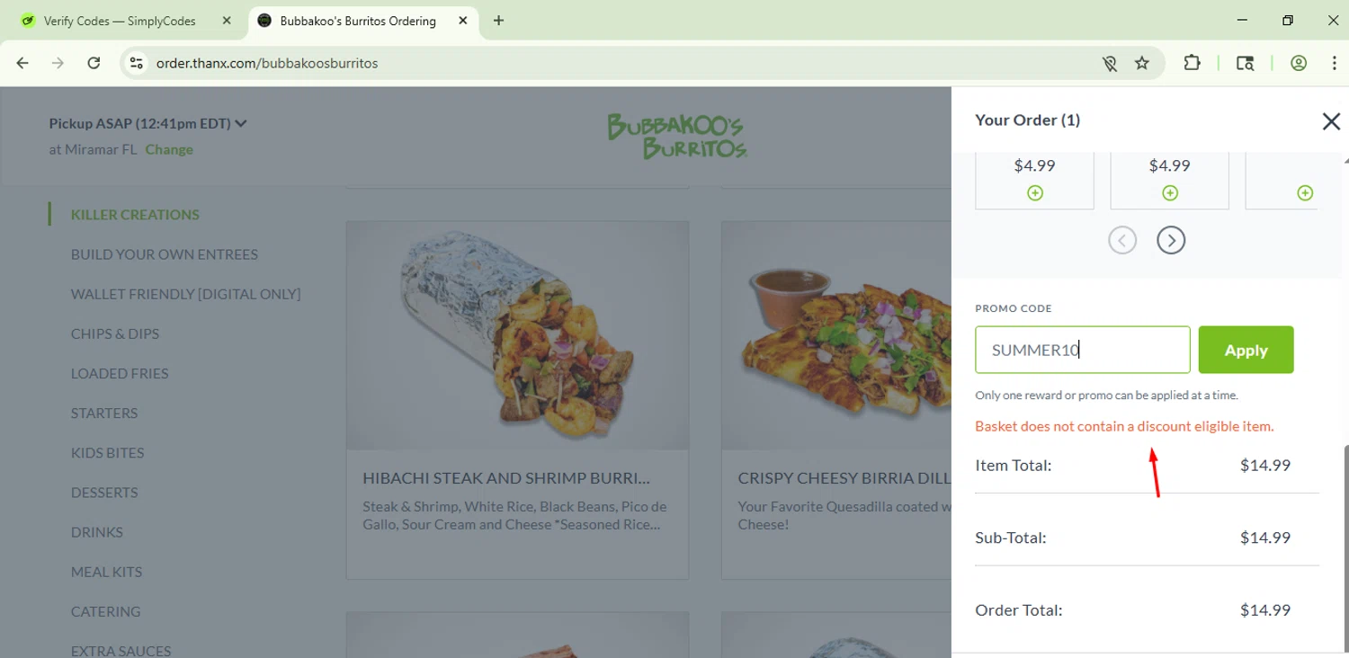 Bubbakoos Burritos promo code screenshot showing code SUMMER10 applied at Bubbakoos Burritos checkout page. Uploaded by SimplyCodes community member CoinSage1043 on Jul 25, 2025