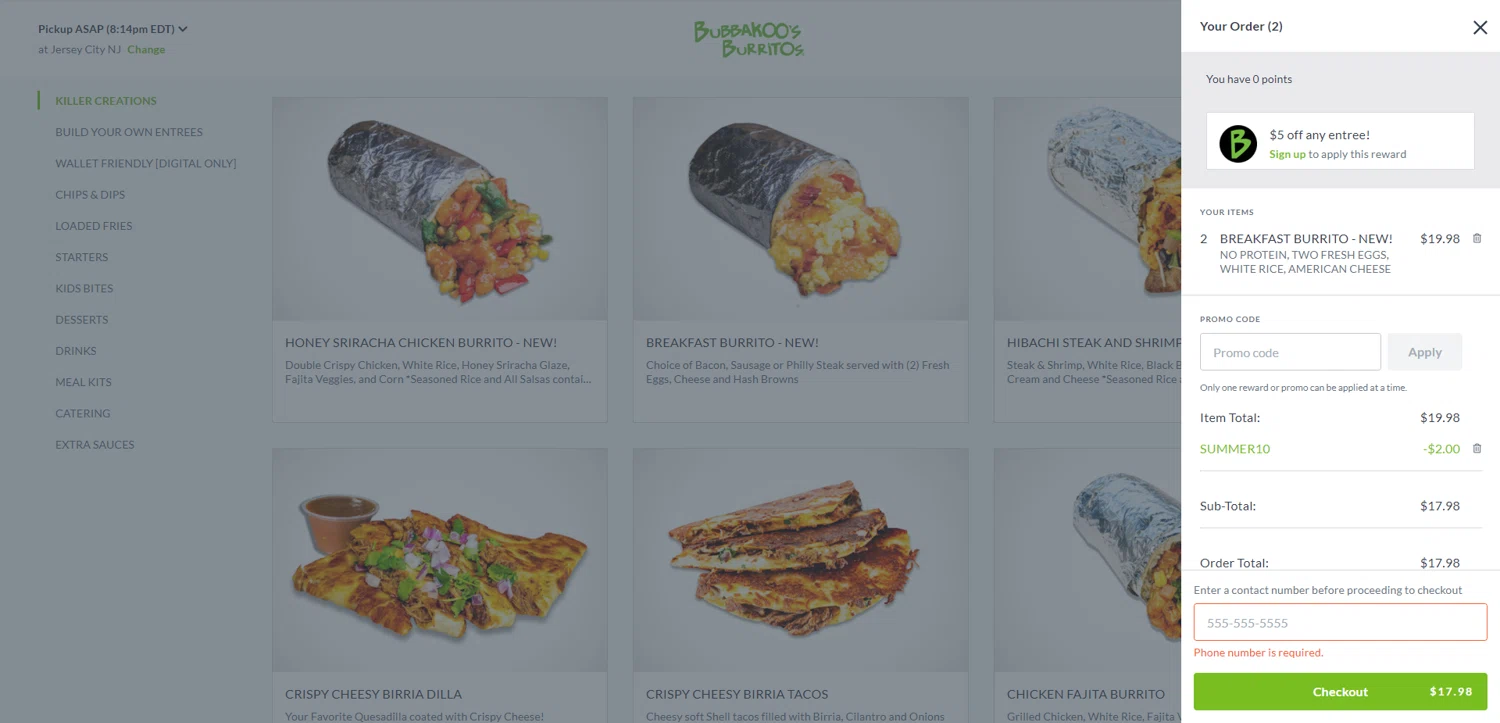 Bubbakoos Burritos checkout page showing Bubbakoos Burritos promo code box | Screenshot taken by SimplyCodes community member on Jun 7, 2025