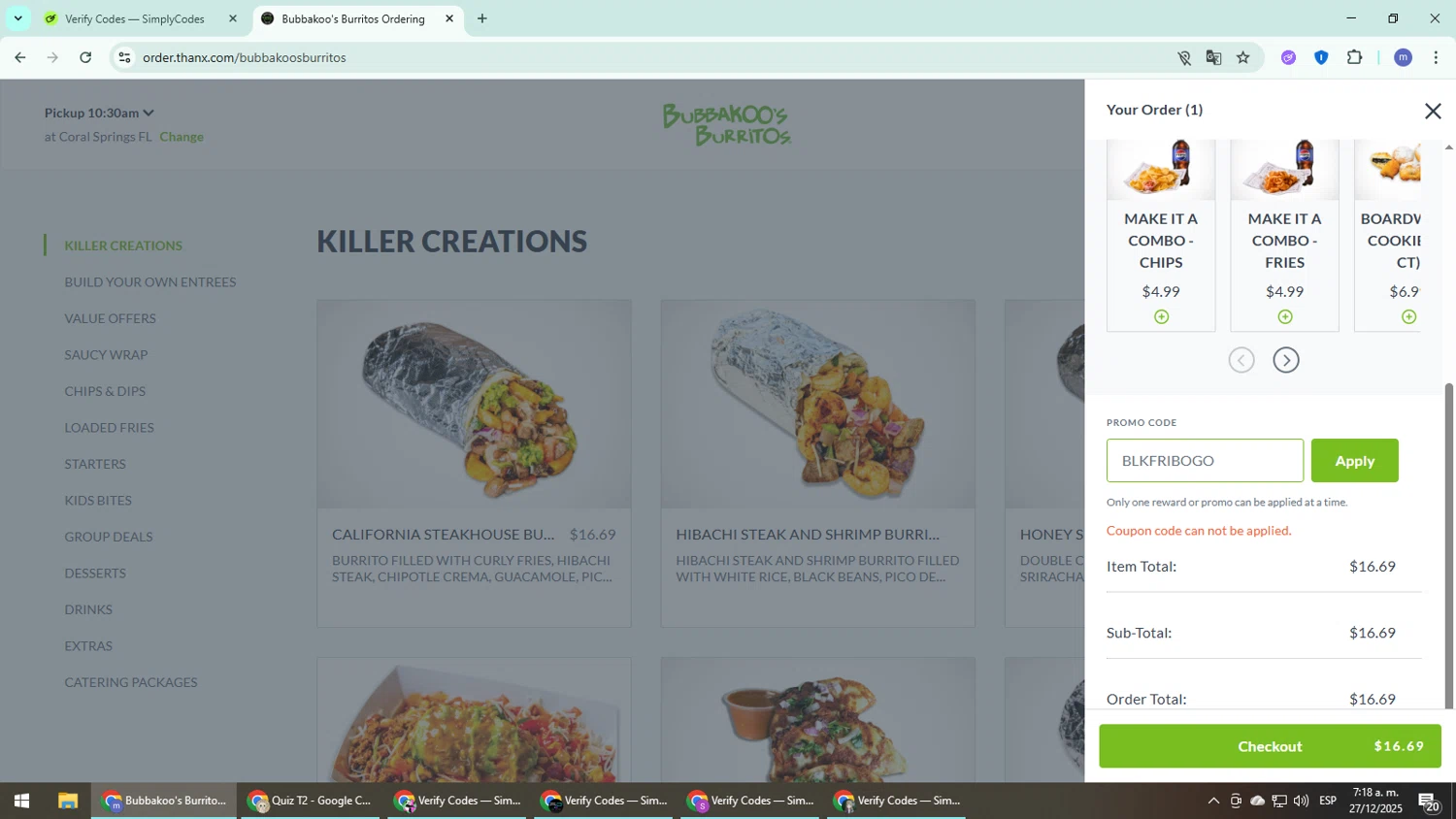 Bubbakoos Burritos promo code screenshot showing code BLKFRIBOGO applied at Bubbakoos Burritos checkout page. Uploaded by SimplyCodes community member QuestDefender2661 on Dec 27, 2025