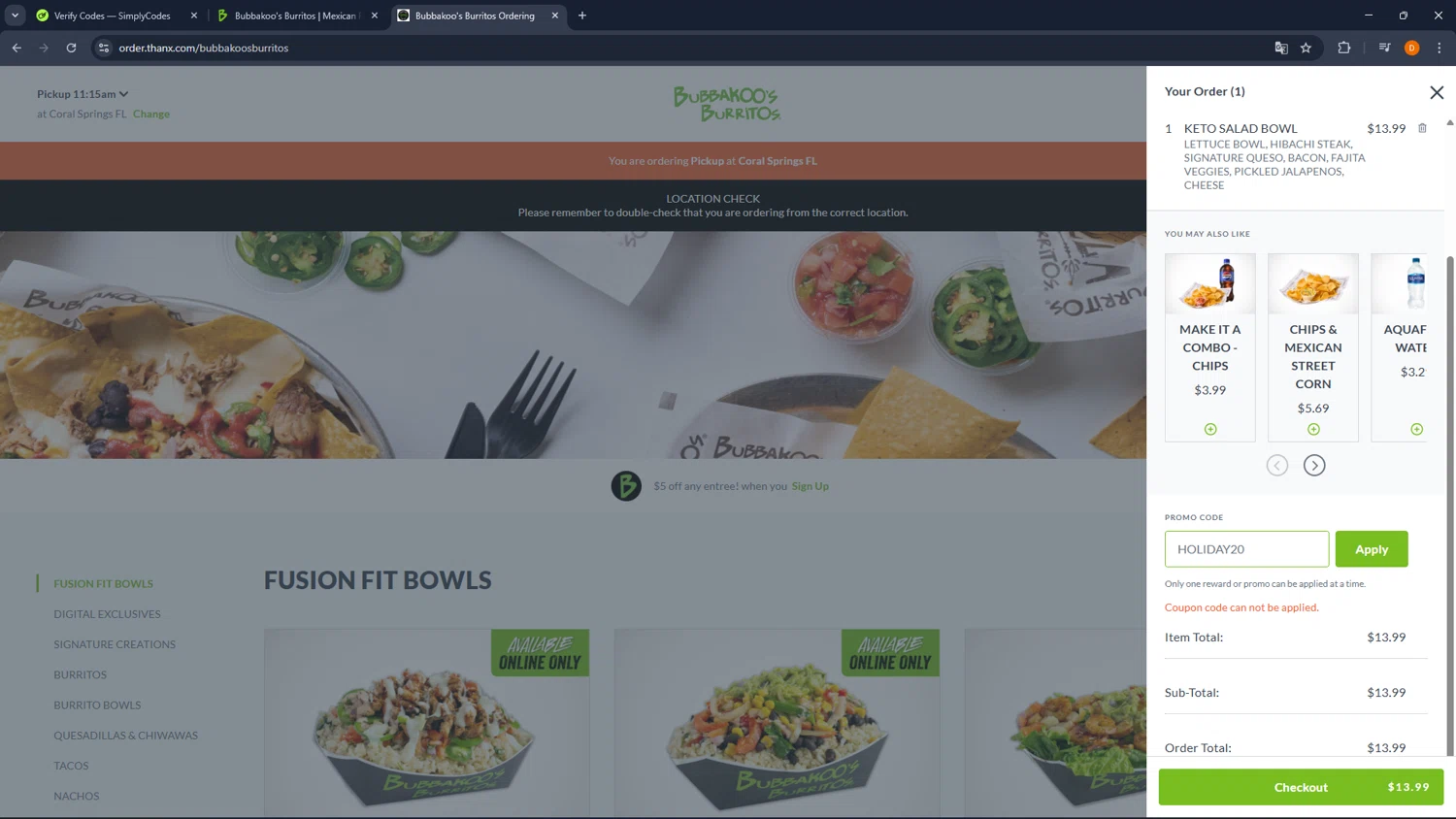 Bubbakoos Burritos promo code screenshot showing code HOLIDAY20 applied at Bubbakoos Burritos checkout page. Uploaded by SimplyCodes community member FrugalFalcon351 on Jan 26, 2026