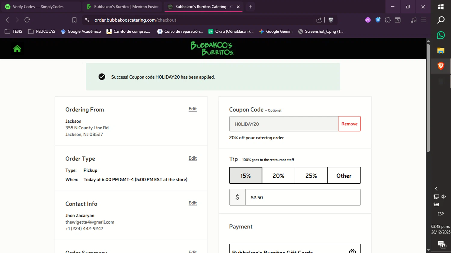 Bubbakoos Burritos promo code screenshot showing code HOLIDAY20 applied at Bubbakoos Burritos checkout page. Uploaded by SimplyCodes community member xXdevoragoticas69Xx on Dec 28, 2025