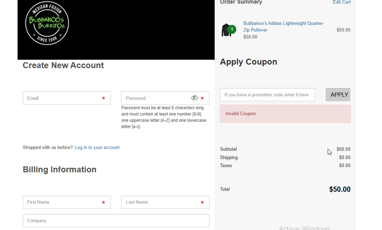 Bubbakoos Burritos promo code screenshot showing code CATER15 applied at Bubbakoos Burritos checkout page. Uploaded by SimplyCodes community member ligthYA on Jan 26, 2026
