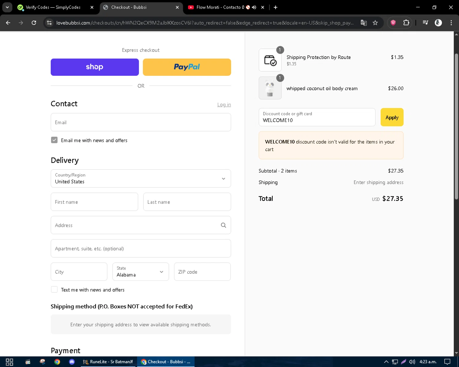 Bubbsi discount code screenshot showing code WELCOME10 applied at Bubbsi checkout page. Uploaded by SimplyCodes community member CleverSentinel9441 on Aug 31, 2025