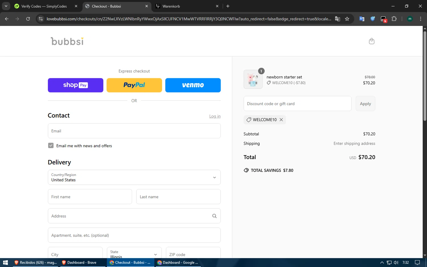 Bubbsi discount code screenshot showing code WELCOME10 applied at Bubbsi checkout page. Uploaded by SimplyCodes community member usuario500 on Jun 22, 2025