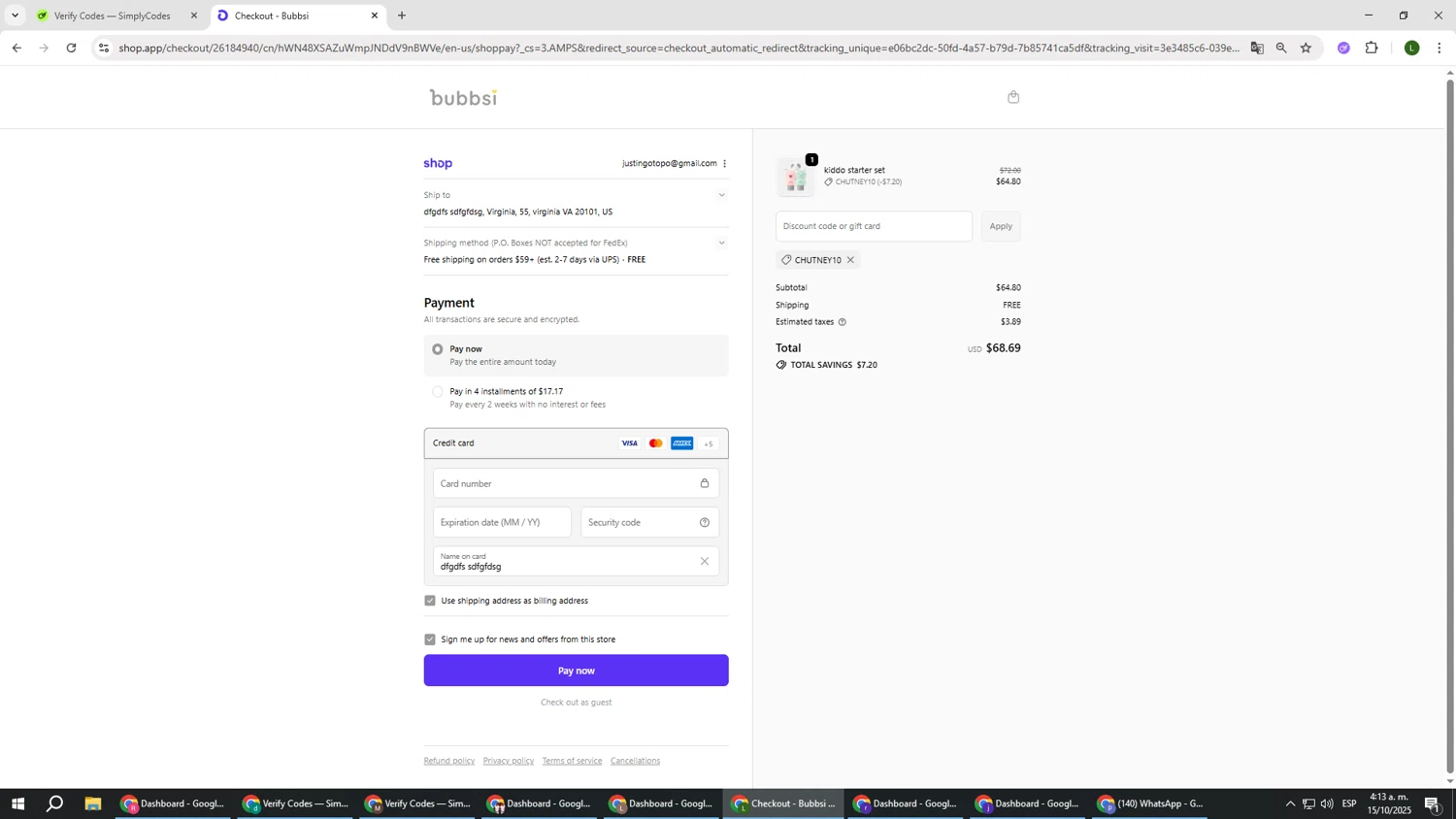 Bubbsi discount code screenshot showing code CHUTNEY10 applied at Bubbsi checkout page. Uploaded by SimplyCodes community member DUCATI on Oct 15, 2025