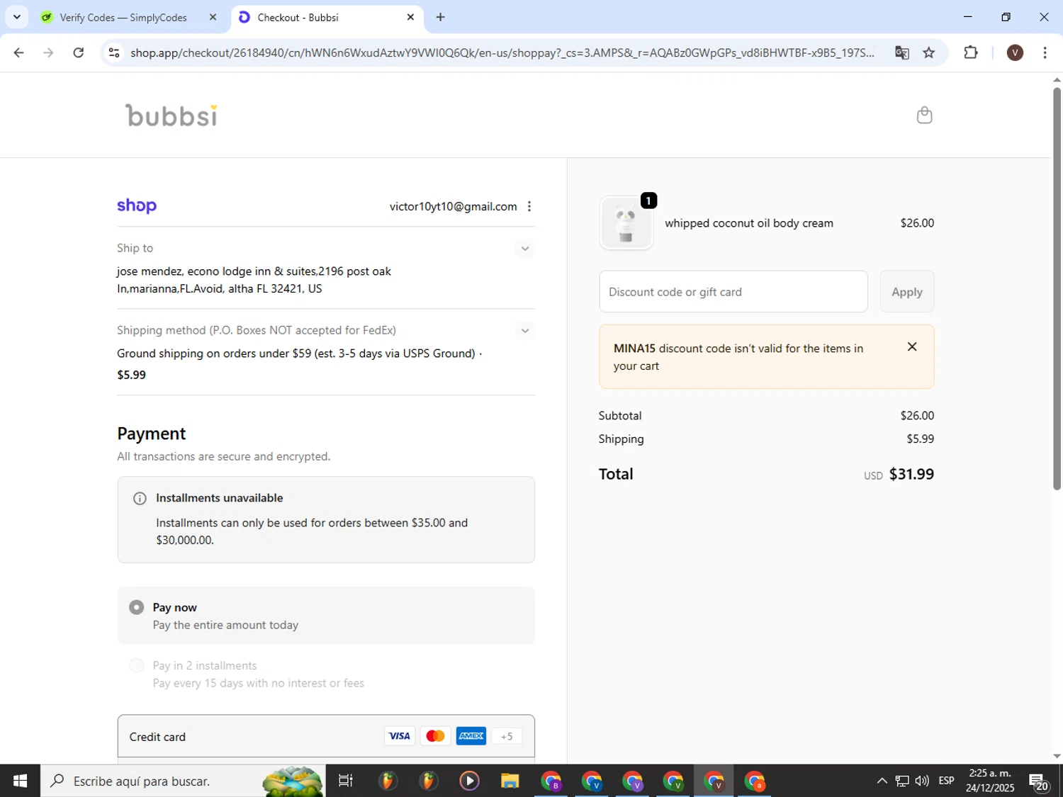 Bubbsi discount code screenshot showing code Mina15 applied at Bubbsi checkout page. Uploaded by SimplyCodes community member CashLion3448 on Dec 24, 2025