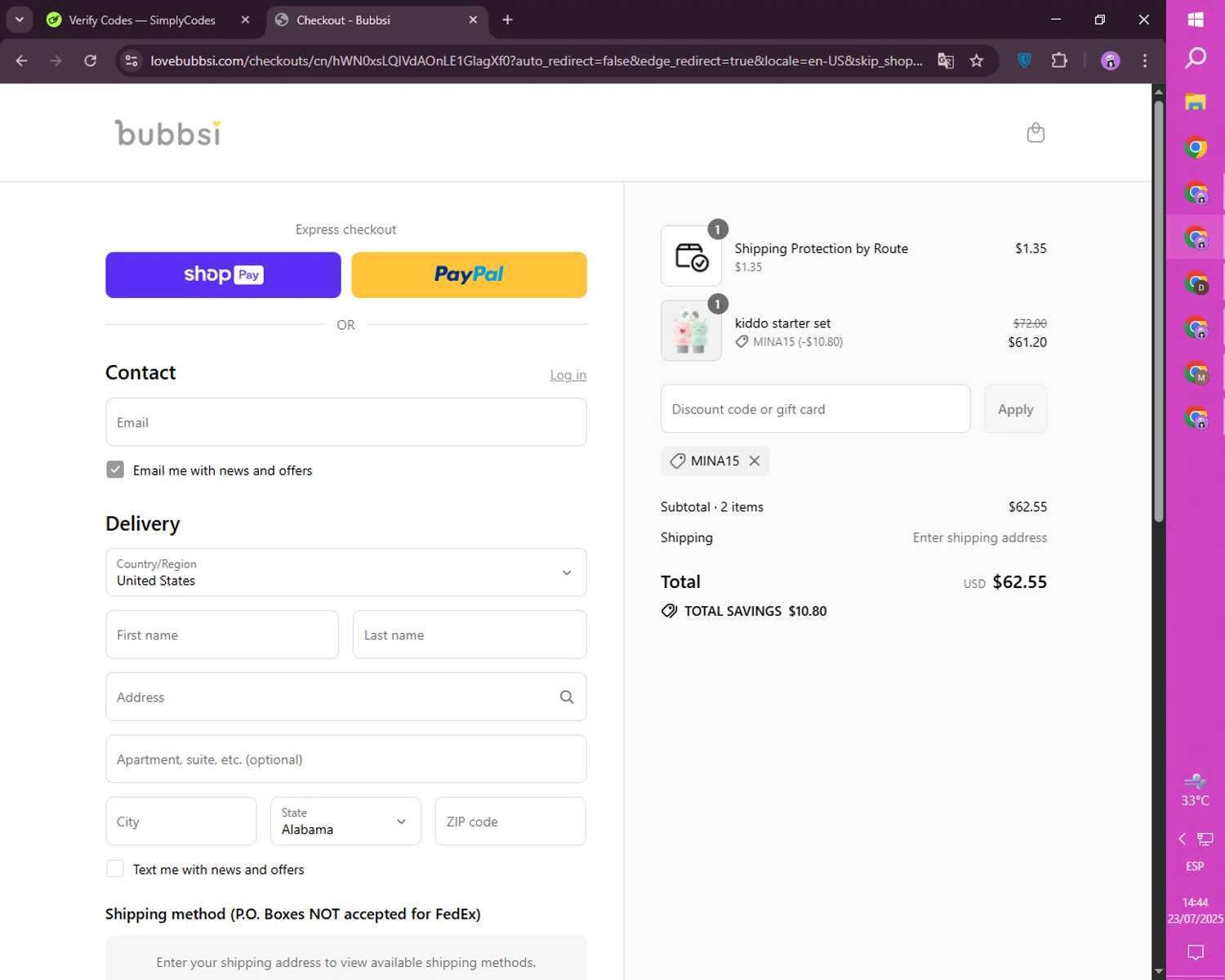 Bubbsi discount code screenshot showing code Mina15 applied at Bubbsi checkout page. Uploaded by SimplyCodes community member CashSaver4711 on Jul 23, 2025
