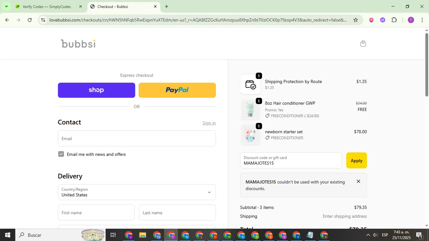 Bubbsi discount code screenshot showing code MAMAJOTES15 applied at Bubbsi checkout page. Uploaded by SimplyCodes community member ThriftyCurator4085 on Nov 25, 2025