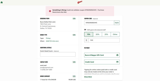 Buca Di Beppo checkout page showing Buca Di Beppo promo code box | Screenshot taken by SimplyCodes community member on Apr 23, 2025