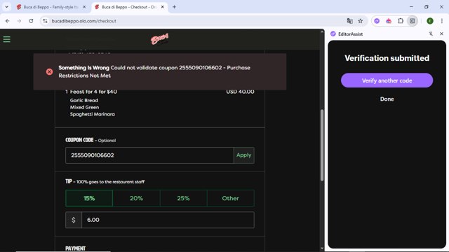 Buca Di Beppo checkout page showing Buca Di Beppo promo code box | Screenshot taken by SimplyCodes community member on Apr 29, 2025