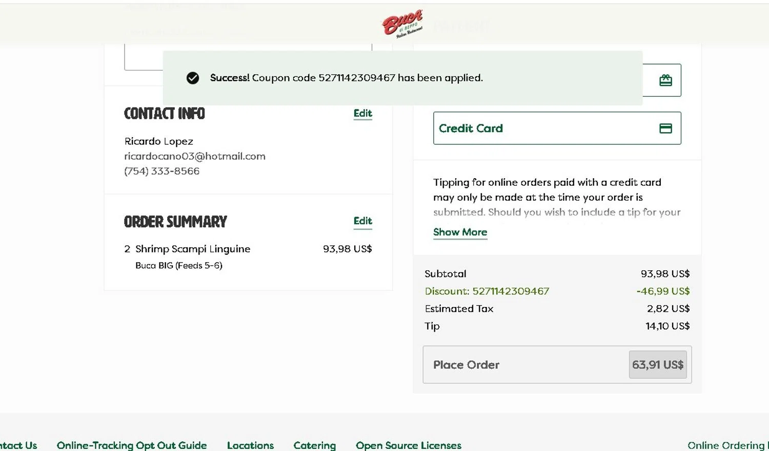 Buca Di Beppo promo code screenshot showing code 5271142309467 applied at Buca Di Beppo checkout page. Uploaded by SimplyCodes community member LAMINEJAMAL on Jun 8, 2026