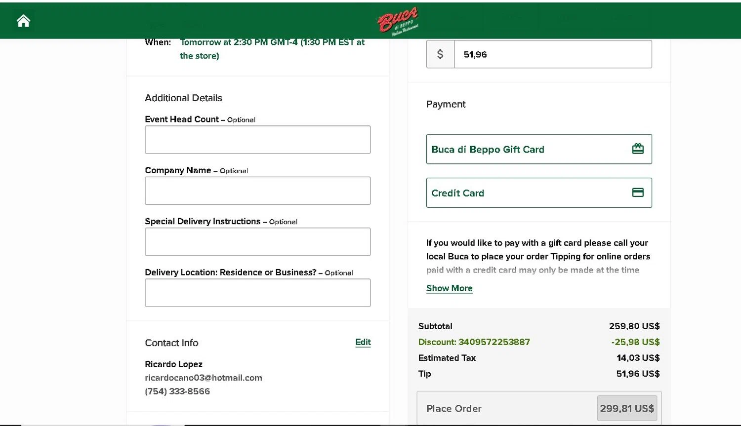Buca Di Beppo promo code screenshot showing code 3409572253887 applied at Buca Di Beppo checkout page. Uploaded by SimplyCodes community member LAMINEJAMAL on Feb 3, 2026
