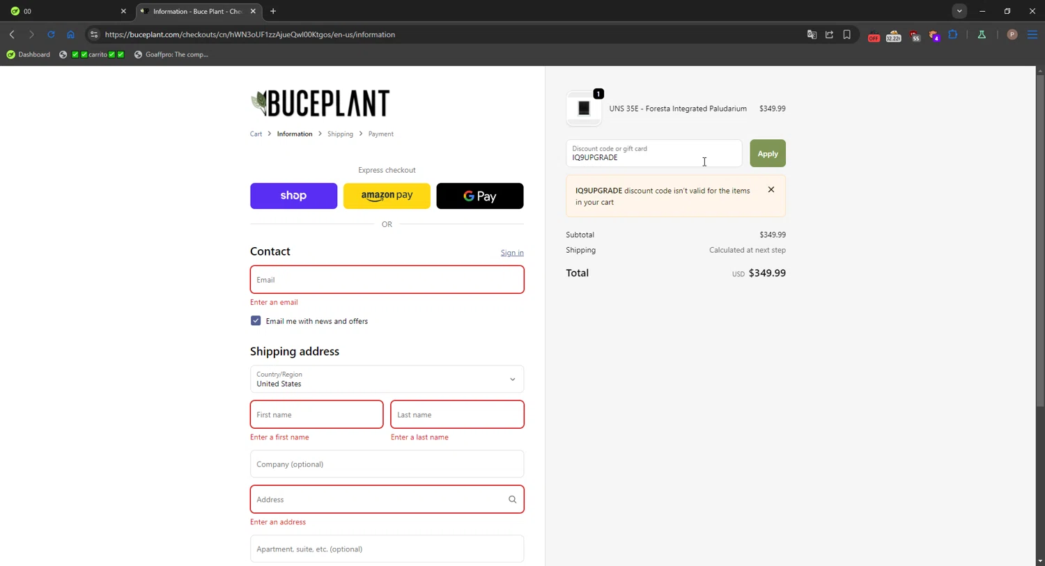 Buce Plant discount code screenshot showing code IQ9UPGRADE applied at Buce Plant checkout page. Uploaded by SimplyCodes community member CrownPro3073 on Oct 6, 2025