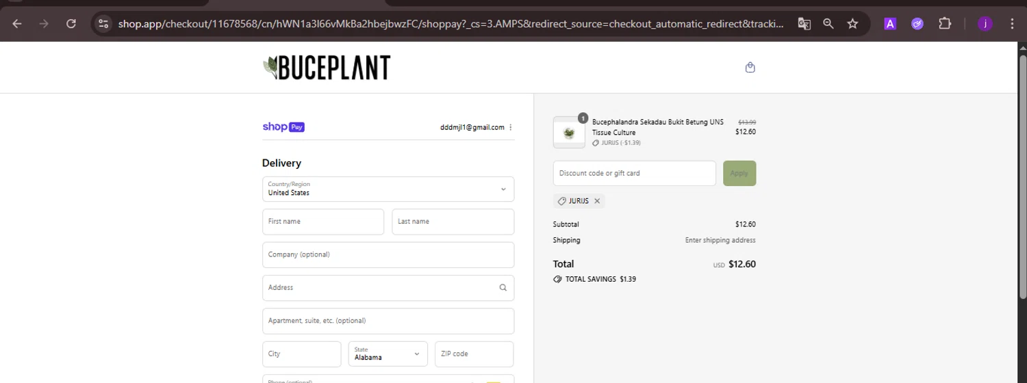 Buce Plant discount code screenshot showing code JURIJS applied at Buce Plant checkout page. Uploaded by SimplyCodes community member CoinMaverick1452 on Aug 9, 2025