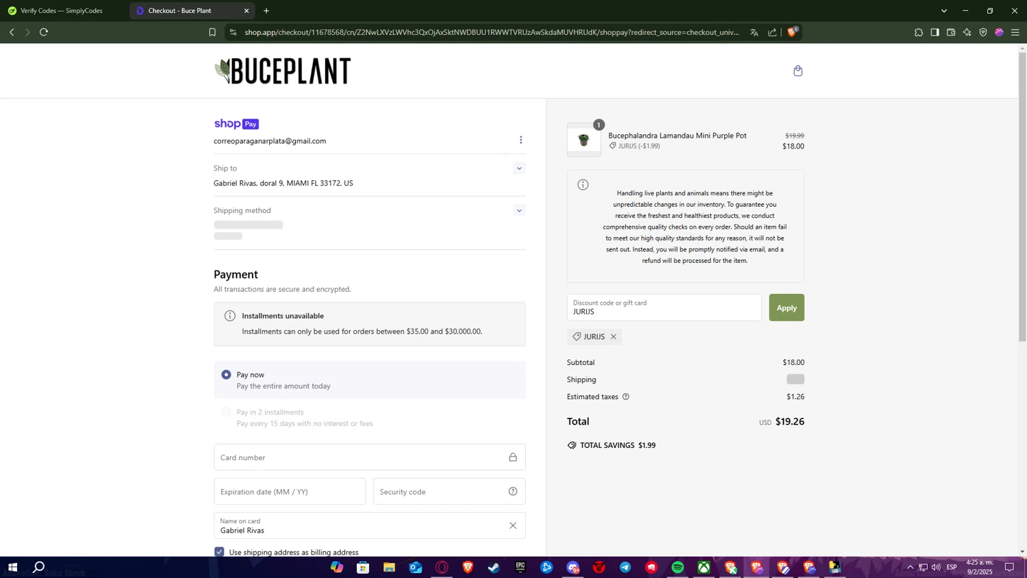 Buce Plant discount code screenshot showing code JURIJS applied at Buce Plant checkout page. Uploaded by SimplyCodes community member FrugalFalcon7577 on Feb 9, 2025