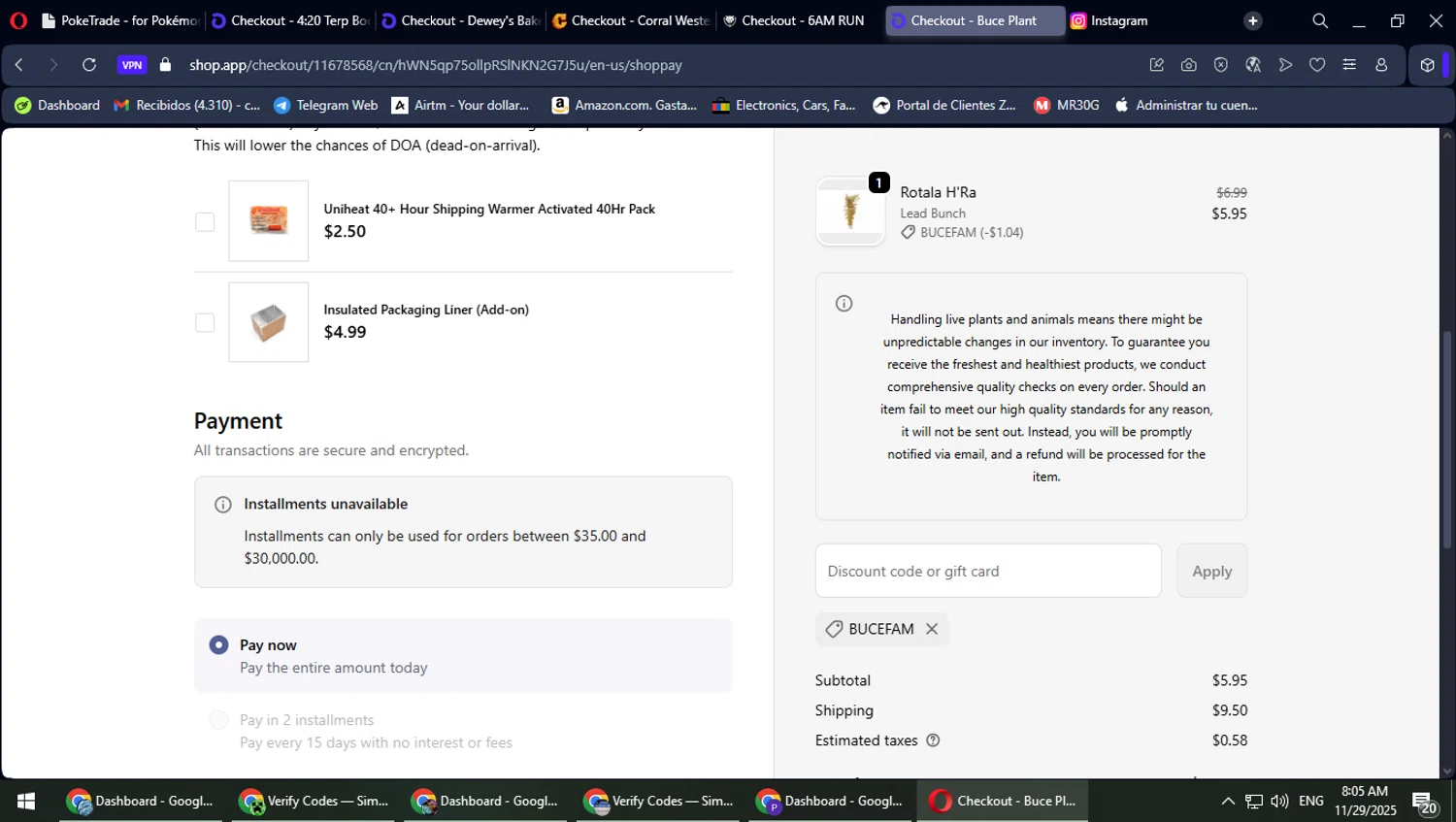 Buce Plant discount code screenshot showing code BUCEFAM applied at Buce Plant checkout page. Uploaded by SimplyCodes community member MaitoGai on Nov 29, 2025
