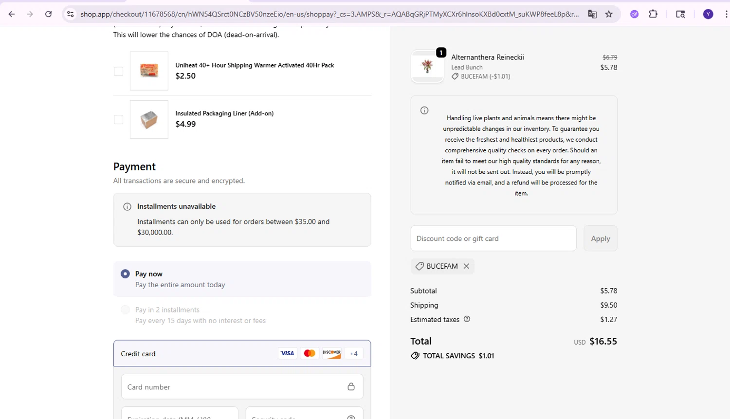 Buce Plant discount code screenshot showing code BUCEFAM applied at Buce Plant checkout page. Uploaded by SimplyCodes community member Yabriel007 on Nov 8, 2025