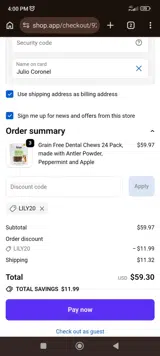 LILY20 coupon verification screenshot