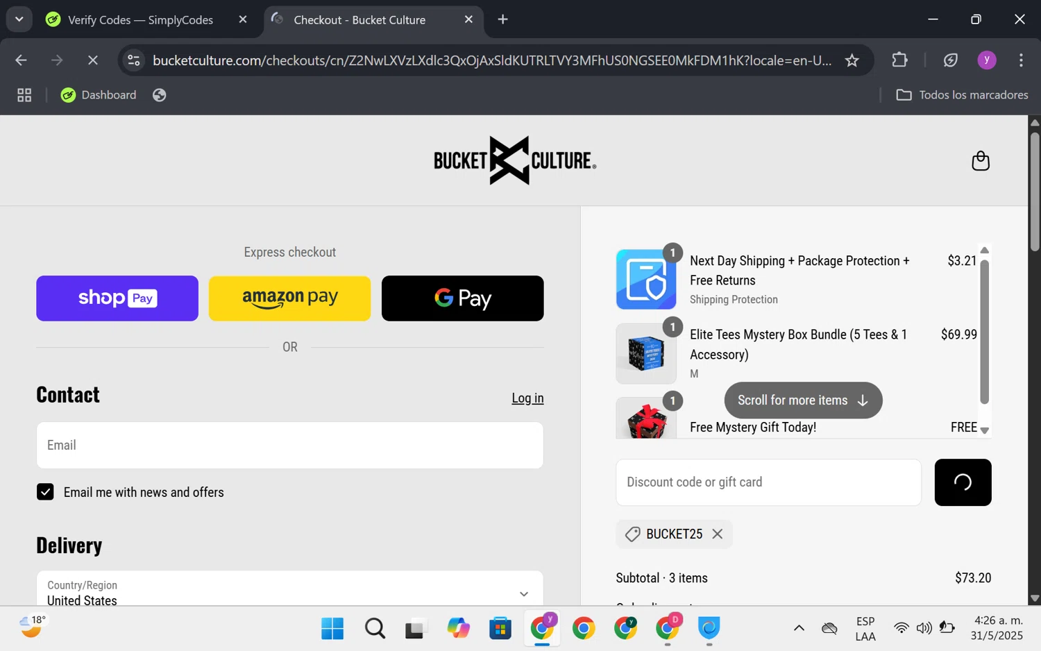 Bucket Culture promo code screenshot showing code BUCKET25 applied at Bucket Culture checkout page. Uploaded by SimplyCodes community member FrugalKnight6753 on May 31, 2025