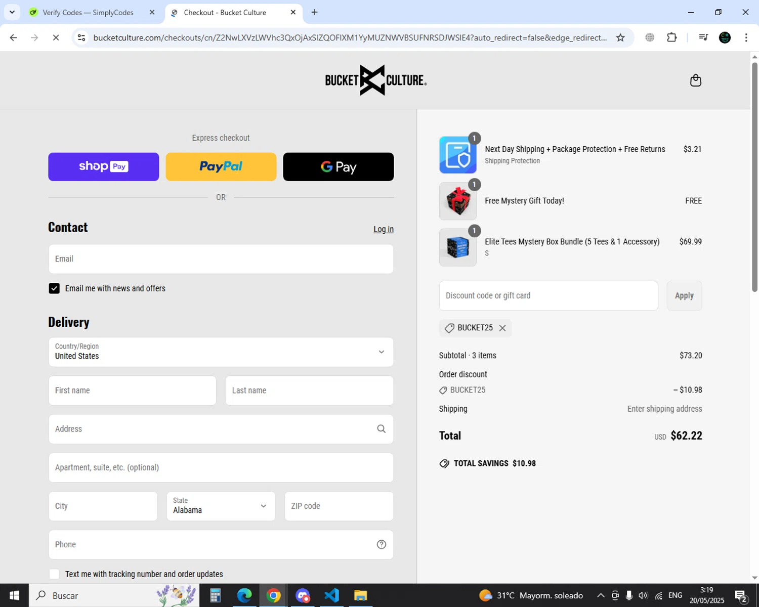 Bucket Culture promo code screenshot showing code BUCKET25 applied at Bucket Culture checkout page. Uploaded by SimplyCodes community member GoldSaver5472 on May 20, 2025