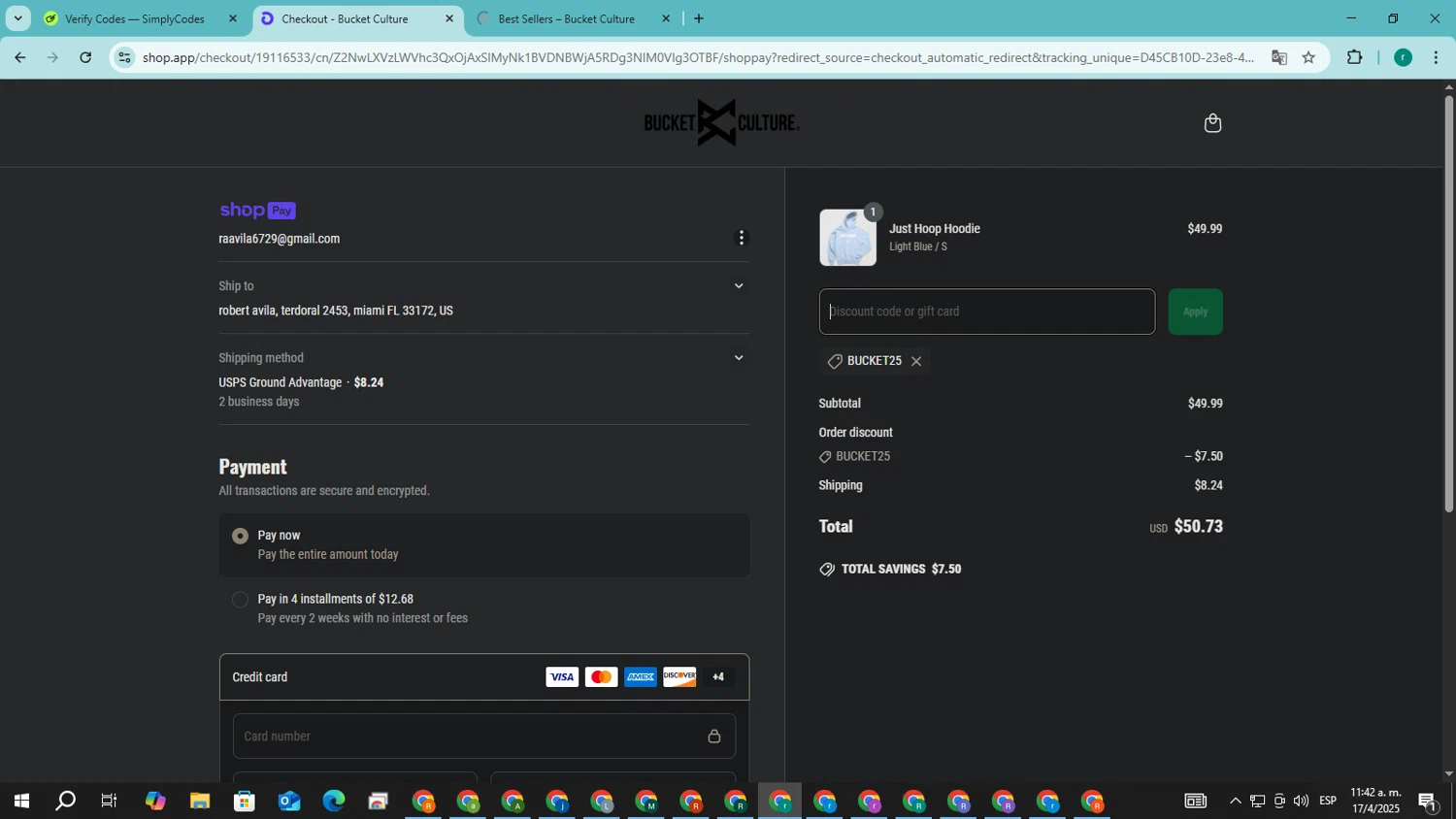 Bucket Culture promo code screenshot showing code BUCKET25 applied at Bucket Culture checkout page. Uploaded by SimplyCodes community member SavingsRanger5017 on Apr 17, 2025
