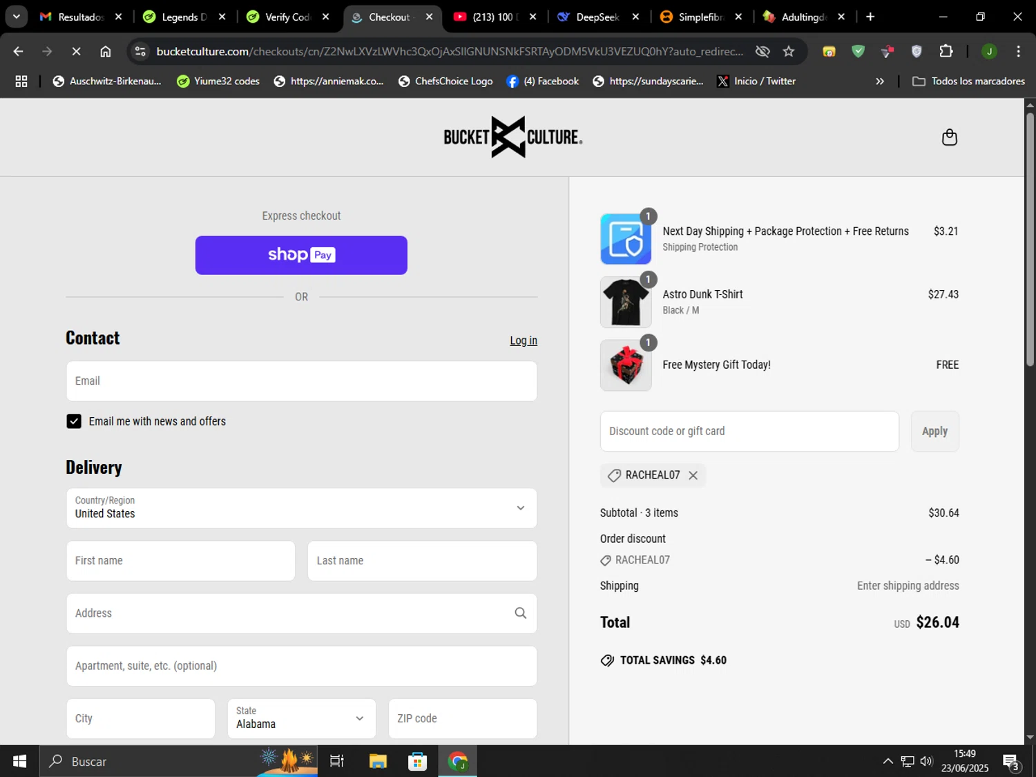 Bucket Culture promo code screenshot showing code Racheal07 applied at Bucket Culture checkout page. Uploaded by SimplyCodes community member Codehunter on Jun 23, 2025