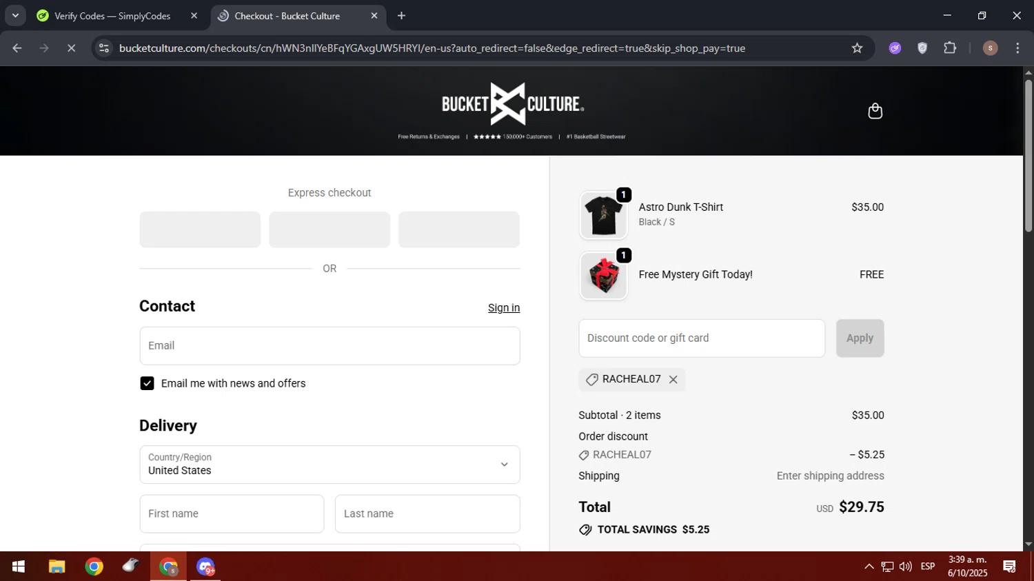 Bucket Culture promo code screenshot showing code Racheal07 applied at Bucket Culture checkout page. Uploaded by SimplyCodes community member 61664350 on Oct 6, 2025