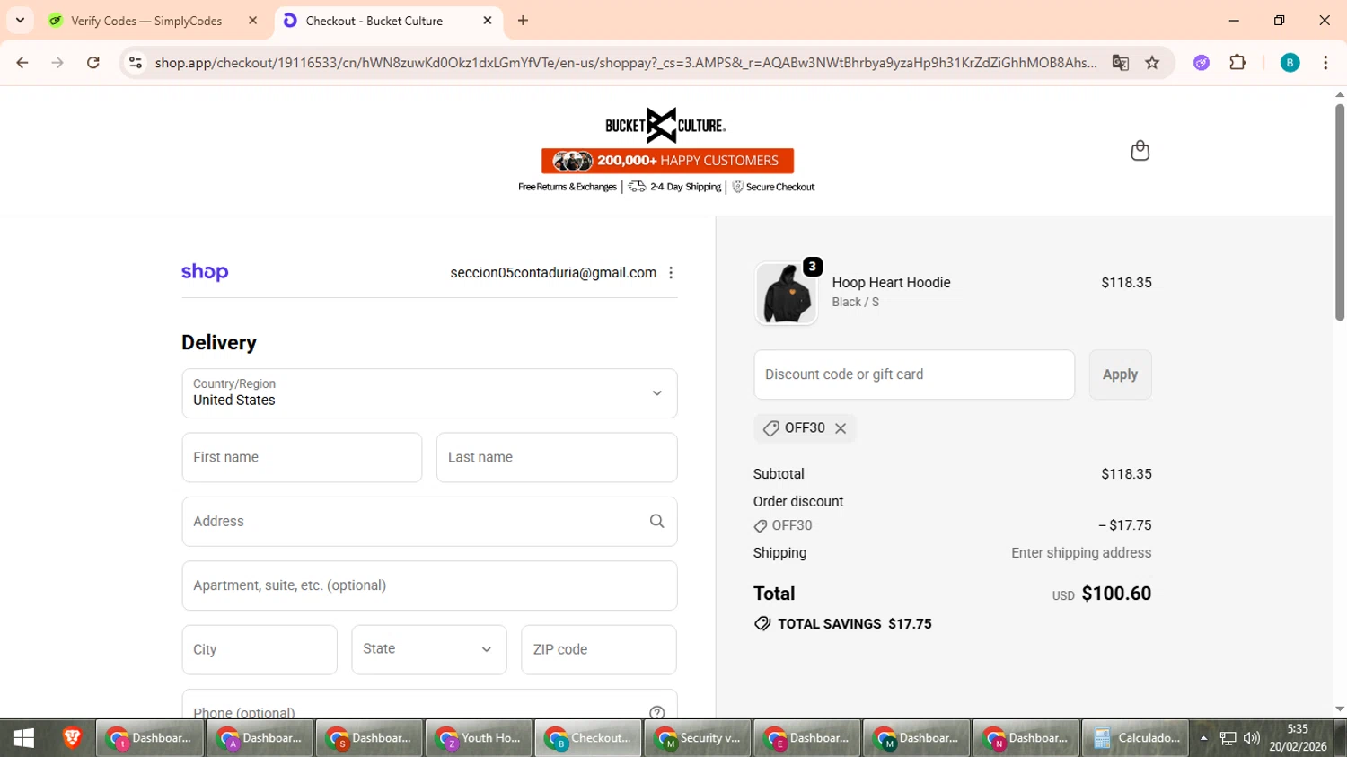 Bucket Culture checkout page showing Bucket Culture promo code box | Screenshot taken by SimplyCodes community member on Feb 20, 2026