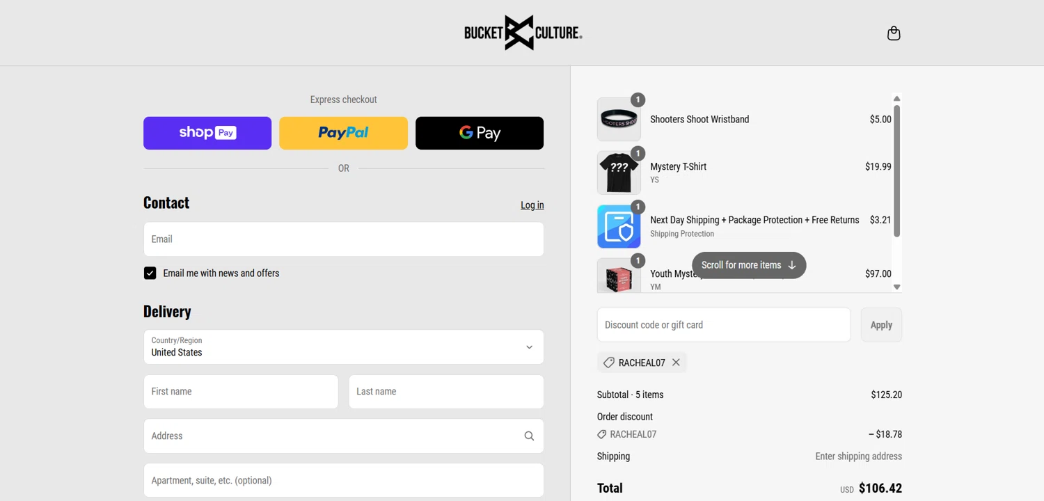 Bucket Culture promo code screenshot showing code Racheal07 applied at Bucket Culture checkout page. Uploaded by SimplyCodes community member HoneyJean on May 23, 2025