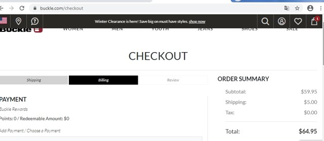 Buckle checkout page showing Buckle promo code box | Screenshot taken by SimplyCodes community member on Feb 15, 2021