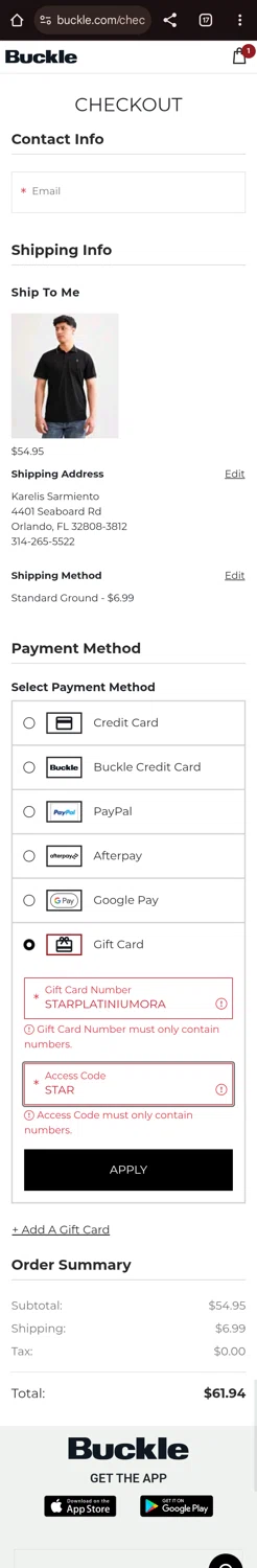 Buckle promo code screenshot showing code STARPLATINIUMORA applied at Buckle checkout page. Uploaded by SimplyCodes community member Olivatle on Aug 12, 2025
