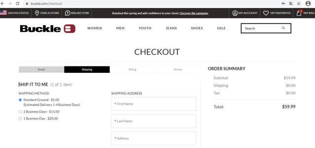 Buckle checkout page showing Buckle promo code box | Screenshot taken by SimplyCodes community member on Feb 17, 2021