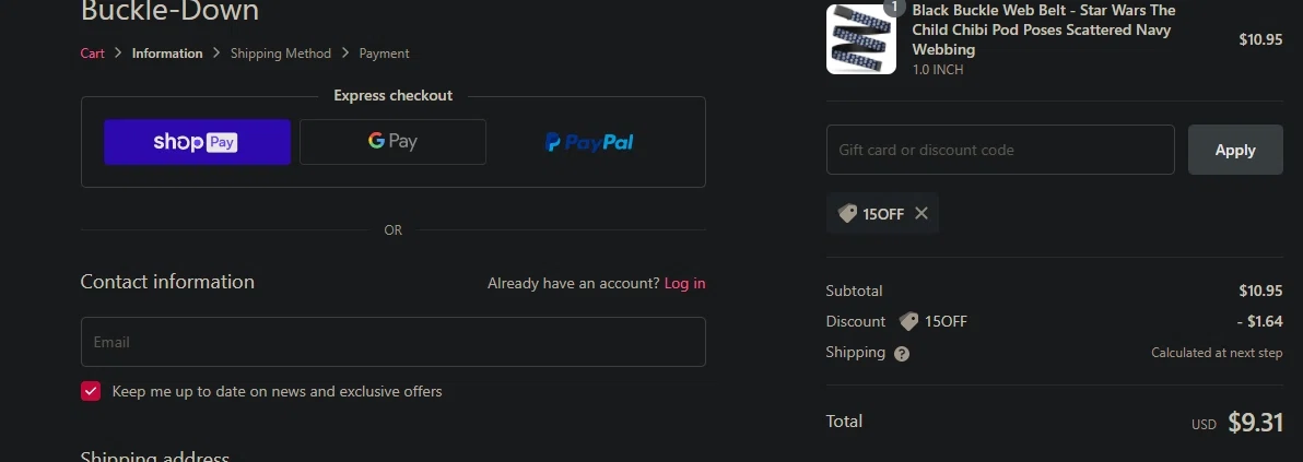 Buckle-Down checkout page showing Buckle-Down promo code box | Screenshot taken by SimplyCodes community member on Mar 20, 2021