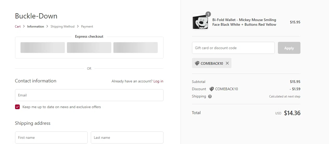 Buckle-Down checkout page showing Buckle-Down promo code box | Screenshot taken by SimplyCodes community member on Mar 20, 2021