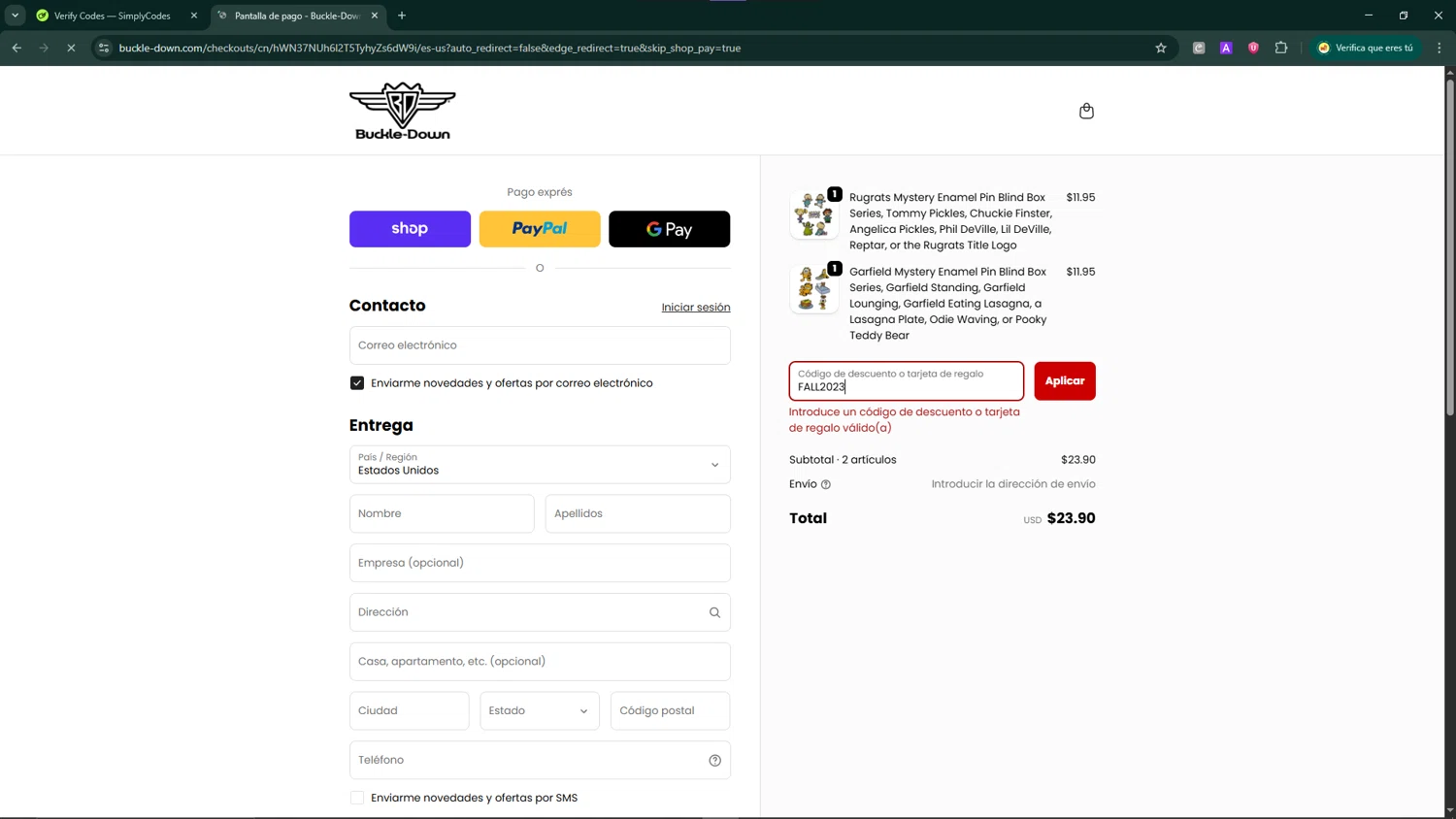 Buckle-Down promo code screenshot showing code FALL2023 applied at Buckle-Down checkout page. Uploaded by SimplyCodes community member ShrewdCaptain9911 on Sep 18, 2025